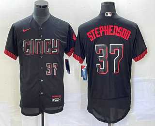 Mens Cincinnati Reds #37 Tyler Stephenson Number Black 2023 City Connect Flex Base Stitched Jersey